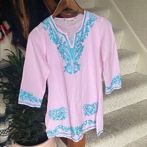 Ayurvastram Bohemian Pink and Blue Embroidered Tunic Top